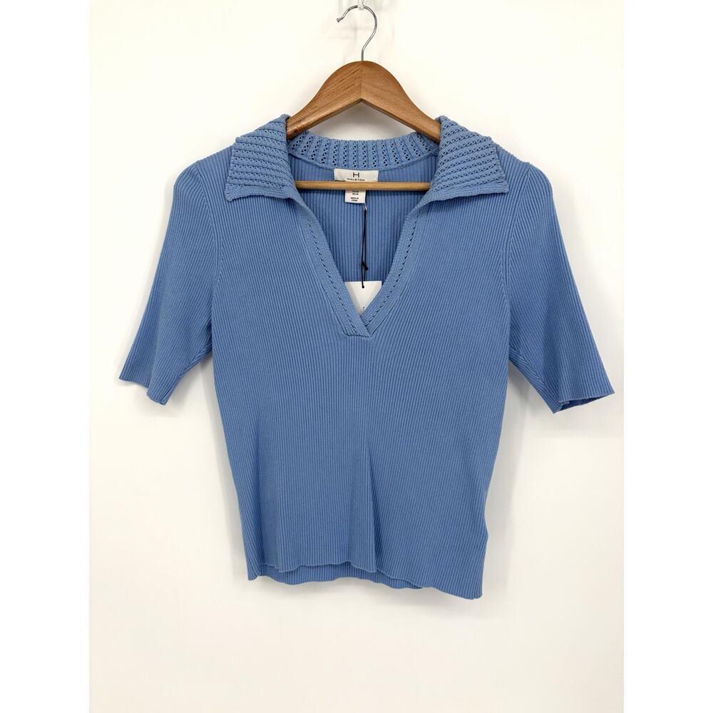 Halston Blue Ribbed Collared Top | Quiet Luxury Capsule Knit NWT French Coastal - Picture 3 of 11